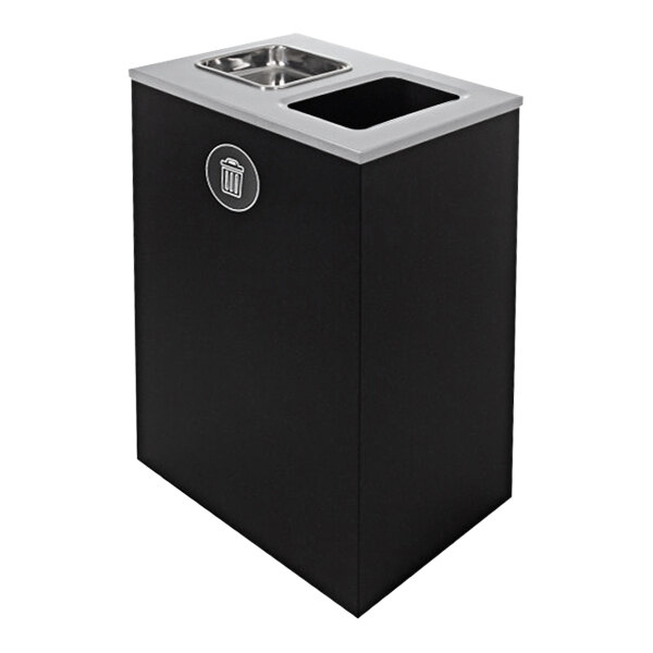 A black rectangular Busch Systems steel waste receptacle with a silver top.