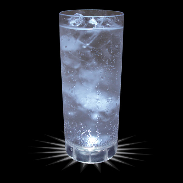 A customizable plastic cup filled with water, ice, and bubbles with a white LED light inside.