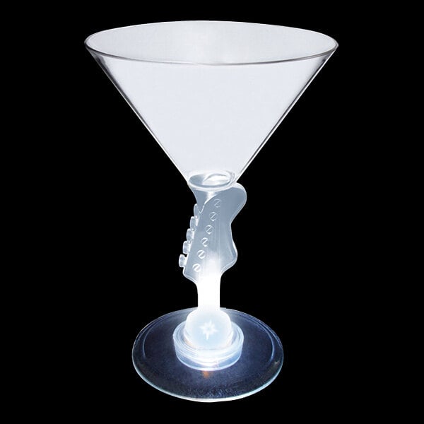 A clear plastic wine glass with a guitar shaped stem and a white LED light.
