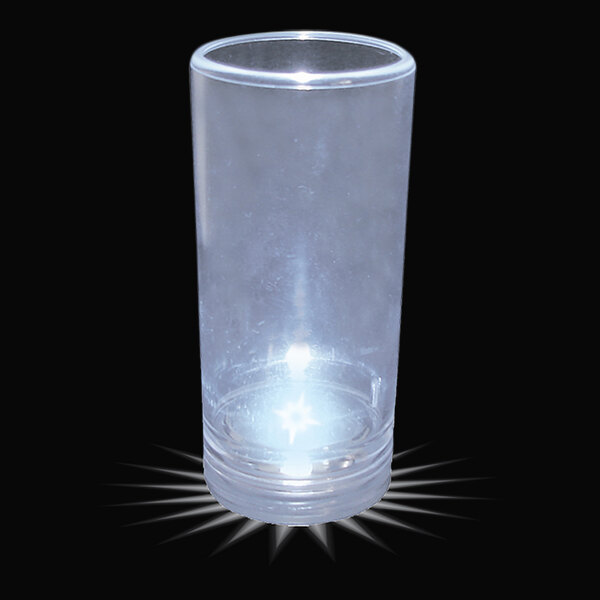 A close-up of a customizable plastic champagne shooter with a white LED light shining through it.