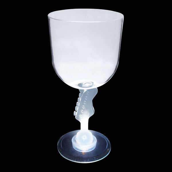 A close-up of a clear plastic guitar stem goblet with a white LED light inside.