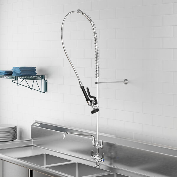 A stainless steel sink with a Regency pre-rinse faucet and hose.