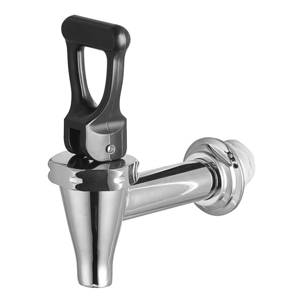 A stainless steel Avantco faucet assembly with a black curved handle.
