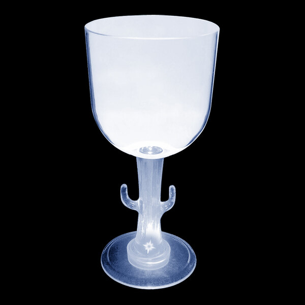 A clear plastic cactus stem goblet with a curved stem and white LED light.