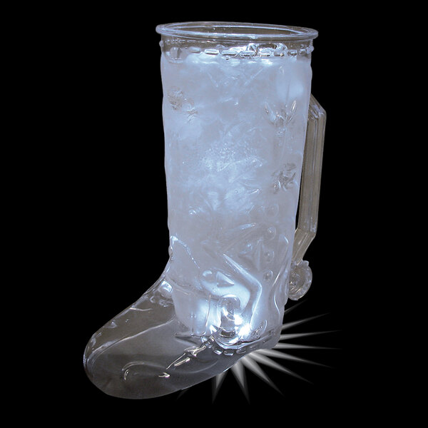 A customizable plastic cowboy boot mug filled with ice on a white background.