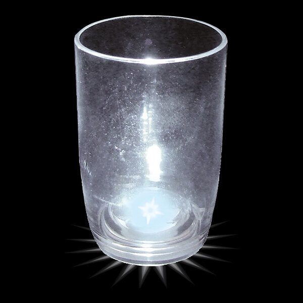 A customizable clear plastic stemless wine cup with a white LED light inside.