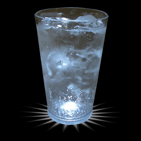 A customizable plastic pint cup filled with ice water and a white LED light.