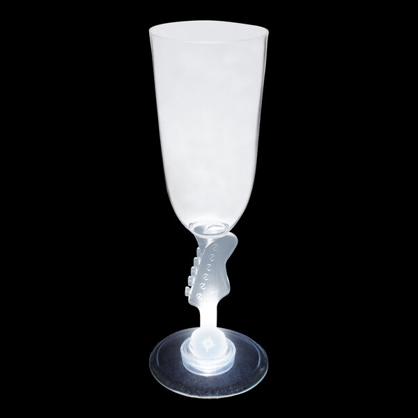A clear plastic wine glass with a white LED light on the bottom.