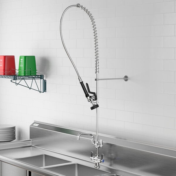 A Regency deck-mounted pre-rinse faucet with an attached hose above a stainless steel sink.
