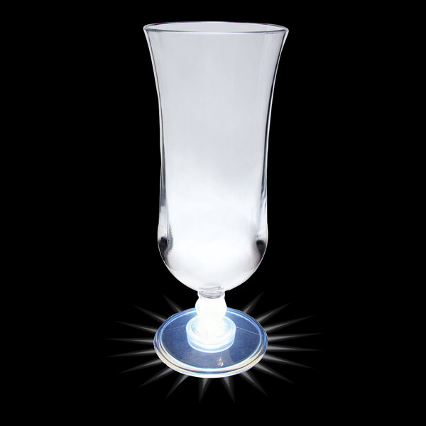 A clear plastic hurricane cup with a white LED light inside.