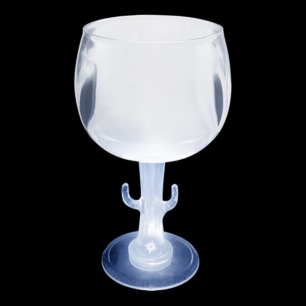 A clear plastic goblet with a cactus stem and a hook on the handle, with a white LED light inside.
