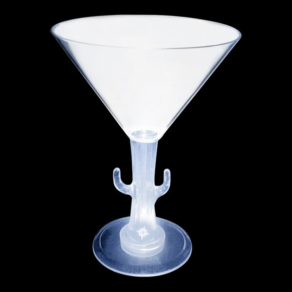 A clear plastic martini glass with a cactus shaped stem with a white LED light inside.