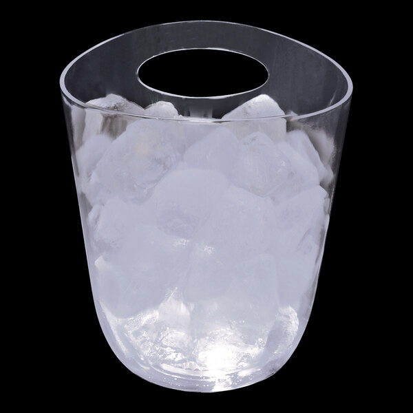 A clear plastic champagne bucket with ice inside and white LED lights.