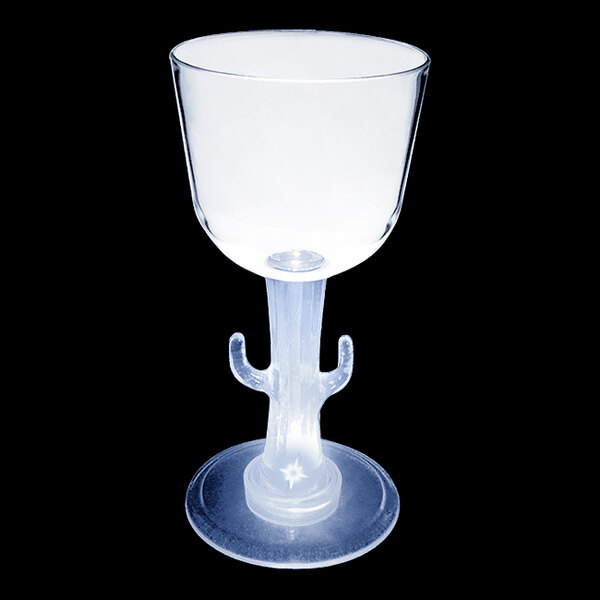 A clear plastic wine cup with a cactus shaped stem and white LED light.