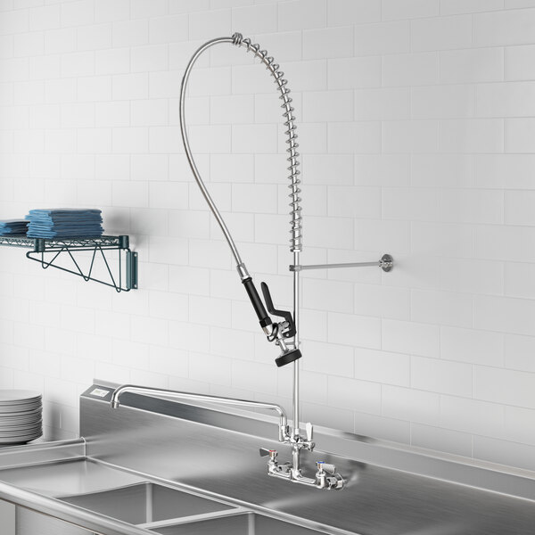 A Regency wall-mounted pre-rinse faucet over a sink with a hose.