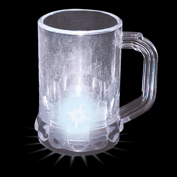 A clear plastic mini mug with a white LED light on top.