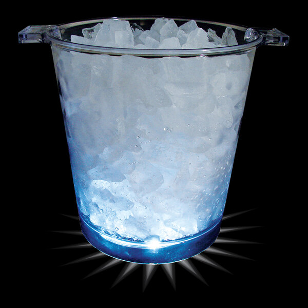 A clear ice bucket with white LED lights filled with ice.
