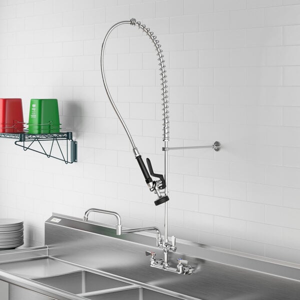A Regency wall-mounted pre-rinse faucet with double-jointed add-on faucet over a stainless steel sink.