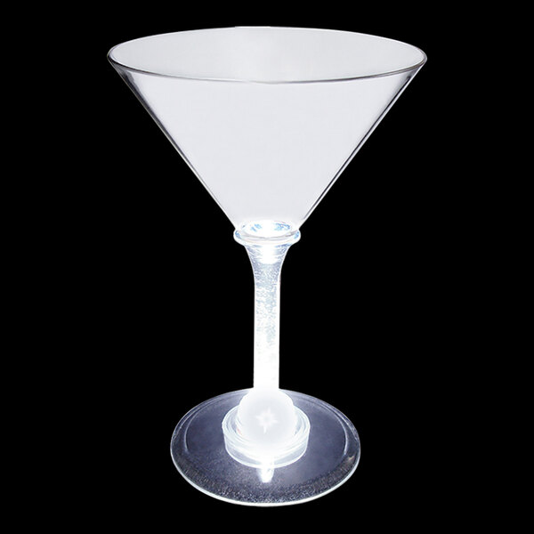 A clear plastic martini cup with a white LED light inside.