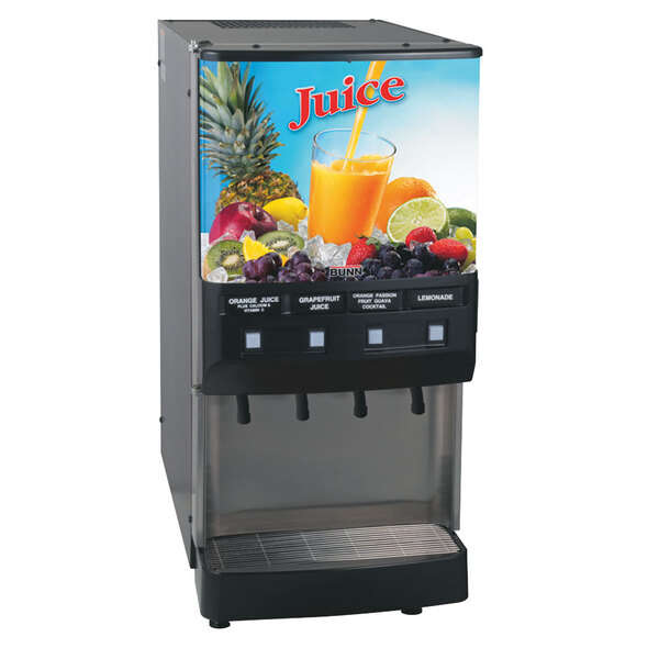 A Bunn juice dispenser with LED lighted fruit graphics.