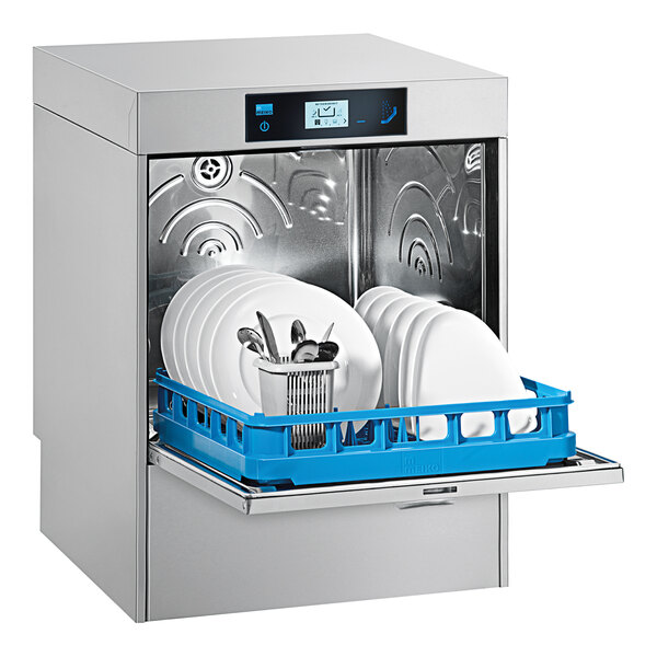 A Meiko undercounter dishwasher with dishes in it on a blue tray.