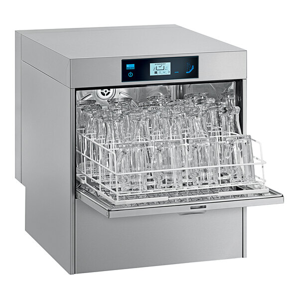 A Meiko undercounter glass washer filled with glasses.