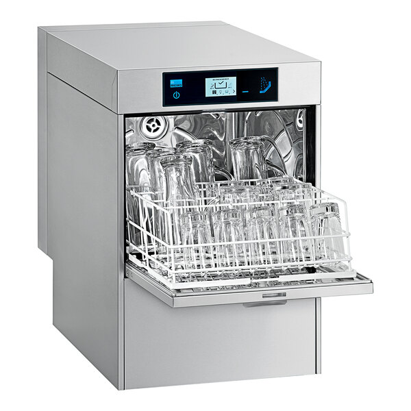 A Meiko undercounter glass washer with several glasses inside.