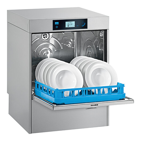 A white Meiko undercounter dishwasher with plates inside.