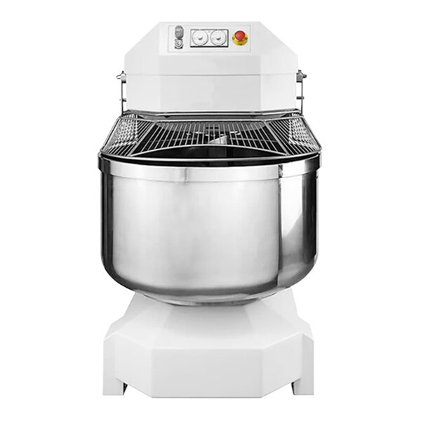 A large white Doyon spiral dough mixer with a round metal container.