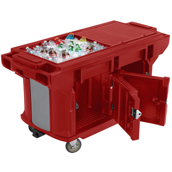 A red Cambro Versa Ultra work table with storage and heavy duty casters.