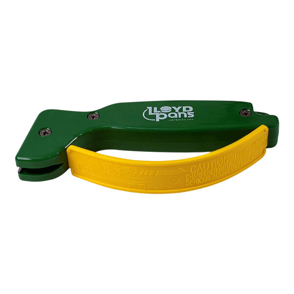 A LloydPans blade sharpener with a green and yellow handle.