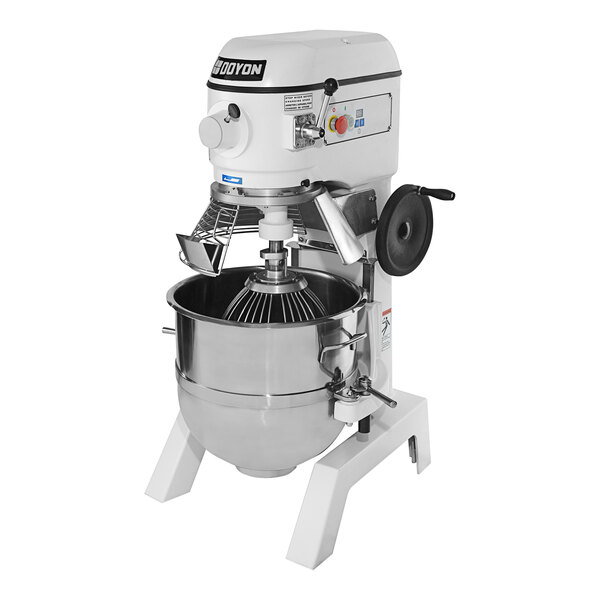 A white Doyon commercial planetary floor mixer with a metal bowl on top.