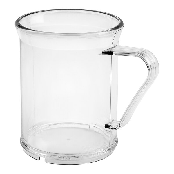 A clear polycarbonate mug with a handle.