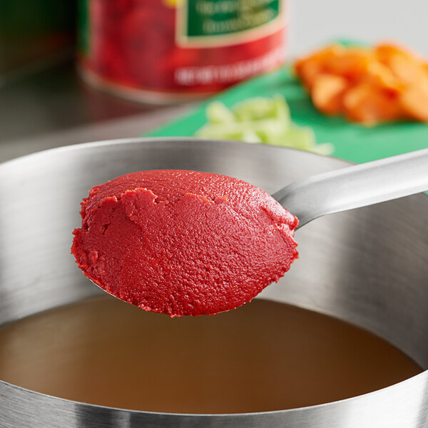 A spoon with Contadina tomato paste in it.