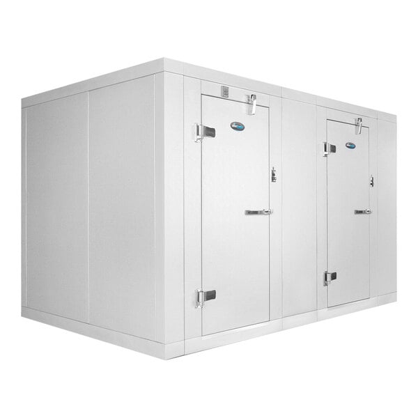 A white walk-in cooler and freezer with two silver doors.