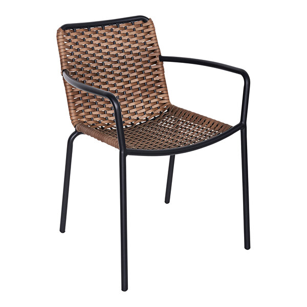 A BFM Seating Captiva outdoor restaurant chair with a wicker seat and black frame.