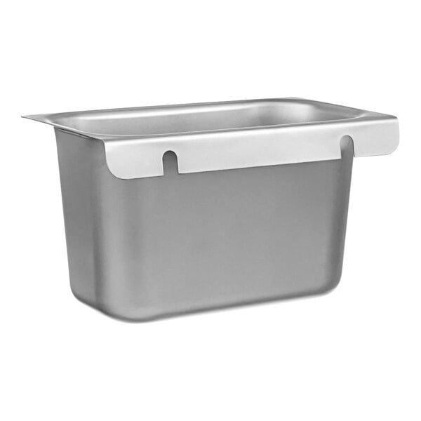 A silver metal grease tray with a handle.