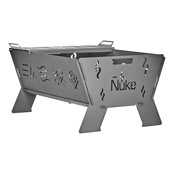 A Nuke metal box grill with a lid on a metal frame.