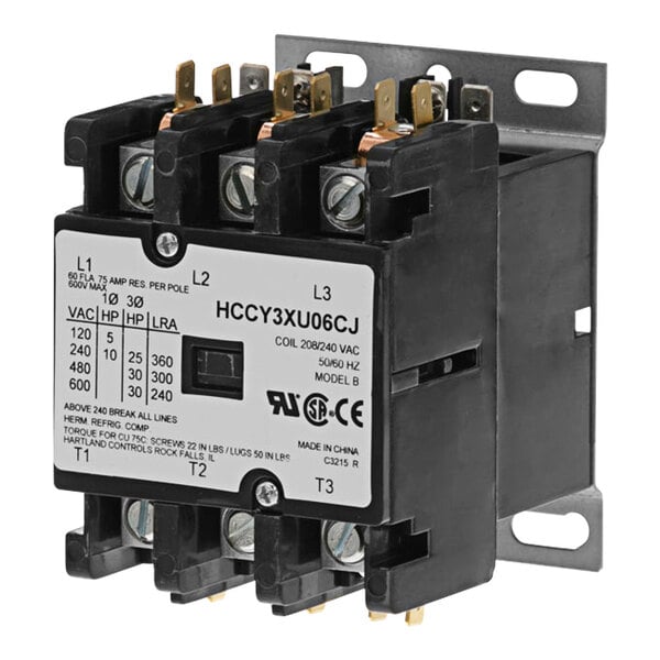 A close-up of a black and white All Points 3 pole contactor with three terminals.