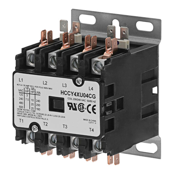 A black and white All Points 4 pole contactor with metal pieces.