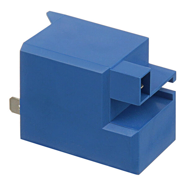 A blue plastic All Points spark ignition module with metal plugs.