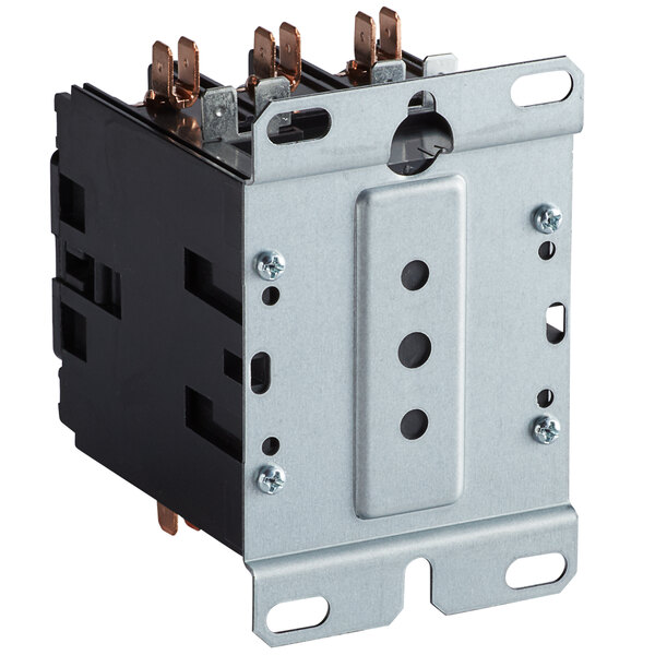 A Main Street Equipment AC contactor with copper wires and two switches inside a metal box.
