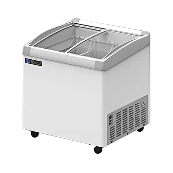 A white Master-Bilt curved top display freezer with a glass top.