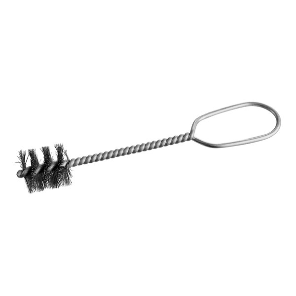 A wire brush with a round wire handle.