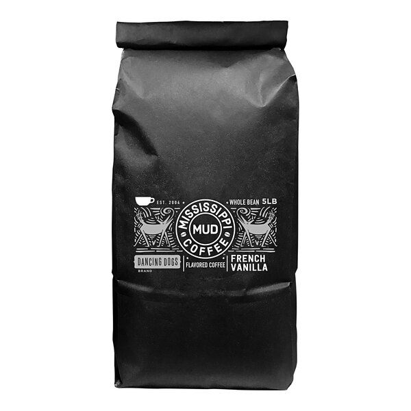 A black bag of Mississippi Mud French Vanilla Whole Bean Coffee with white text.
