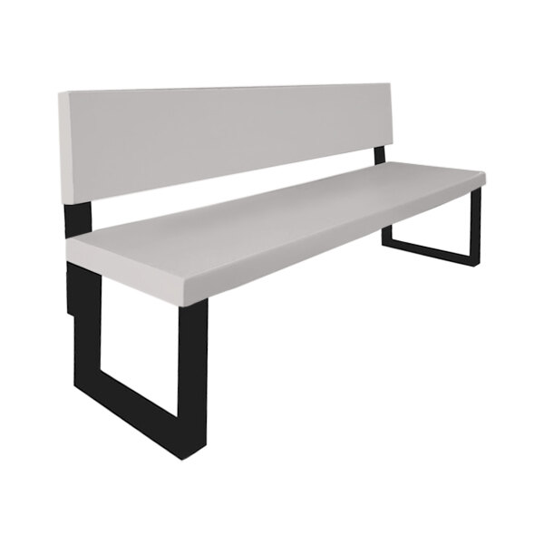 A Sol-O-Matic platinum fiberglass park bench with a white seat and black backrest.