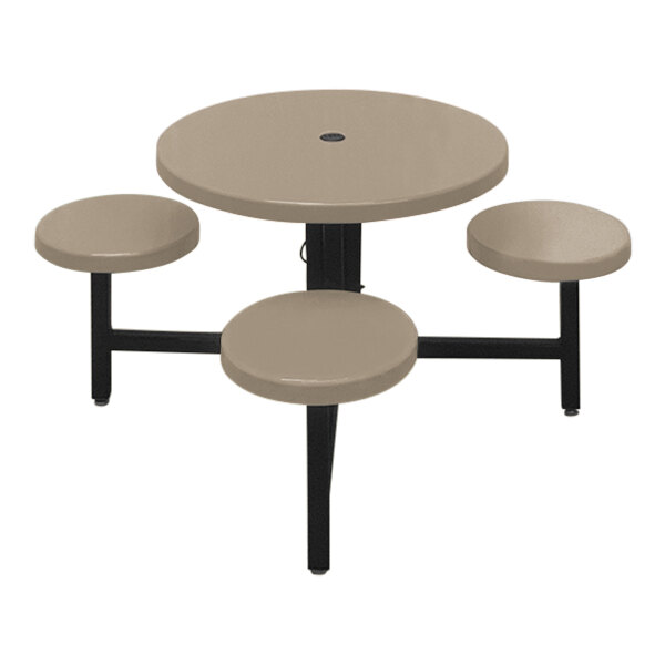 A white circular Sol-O-Matic table with four black stools.