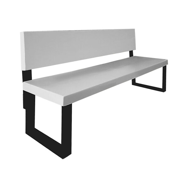 A Sol-O-Matic white fiberglass park bench with black legs.