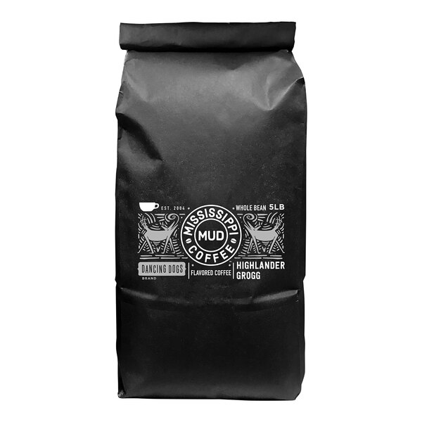 A black bag of Mississippi Mud Coffee Highlander Grogg flavored whole bean coffee with white text.
