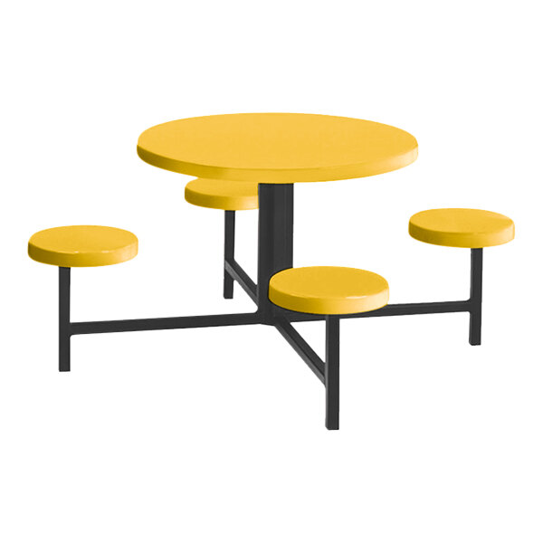 A marigold Sol-O-Matic round table with four fixed seats.